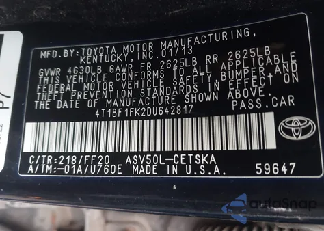 2013 Toyota Camry Se из США, поврежденный, VIN 4T1BF1FK2DU642817